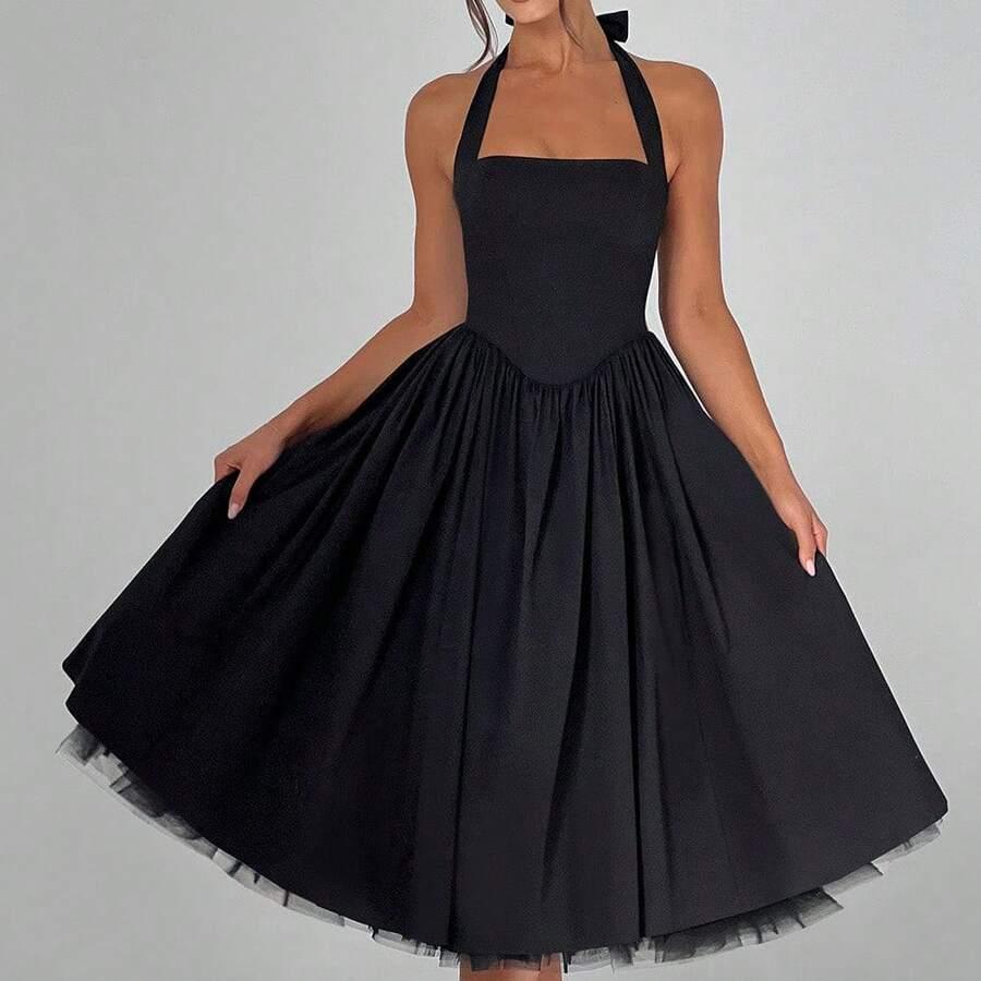 black halter neck fit and flare midi dress