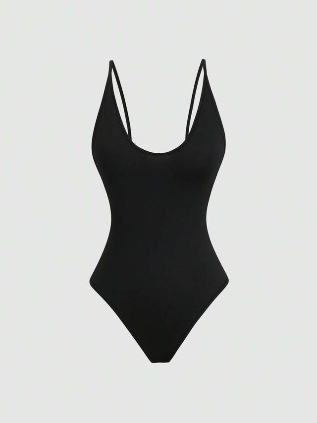 black v-neck backless spaghetti strap casual bodysuit