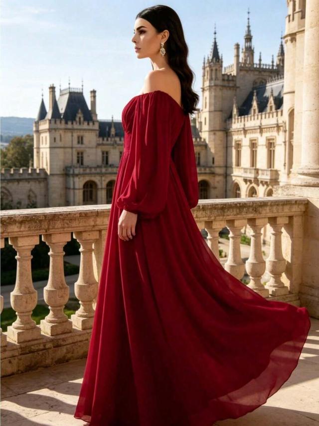 red off-shoulder chiffon gown with pleated bodice
