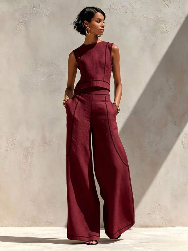 dark red sleeveless vest top and wide leg pants set