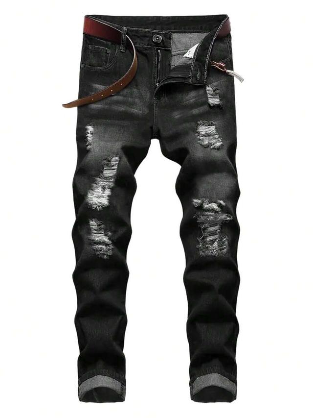 black men's black ripped stretch slim fit jeans