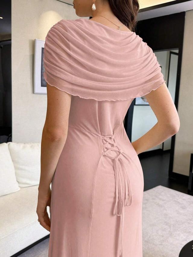 pale yellow mesh ruched back tie elegant dress