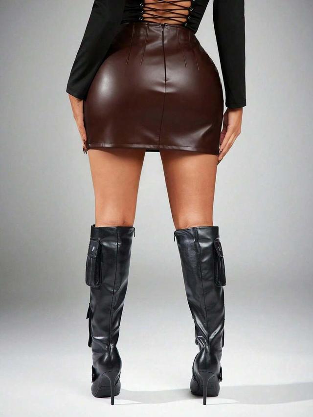 radiana women's solid color high waist pu leather bodycon skirt