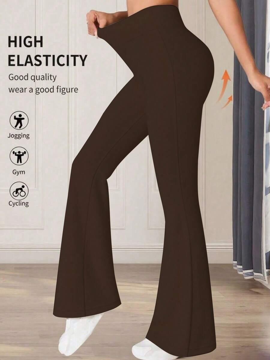 petite casual solid brown high waist flare pants