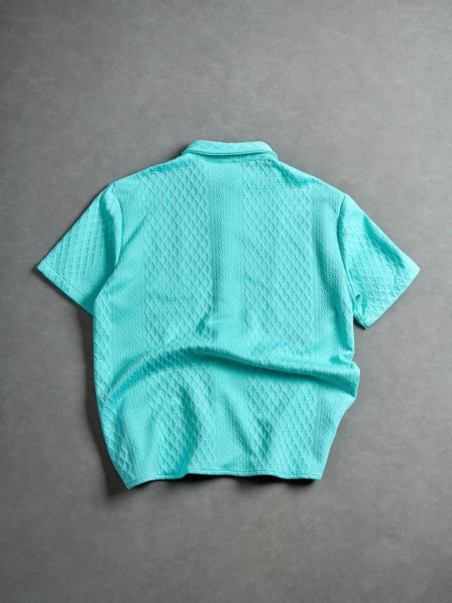 teal casual loose colorblock short sleeve button-up shirt