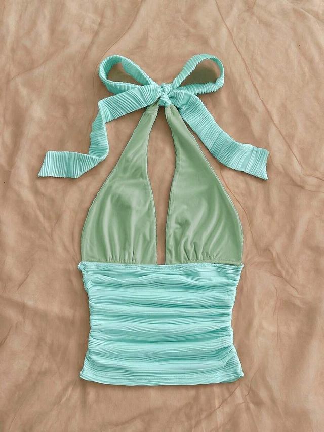light green halter neck ruched textured camisole swimsuit