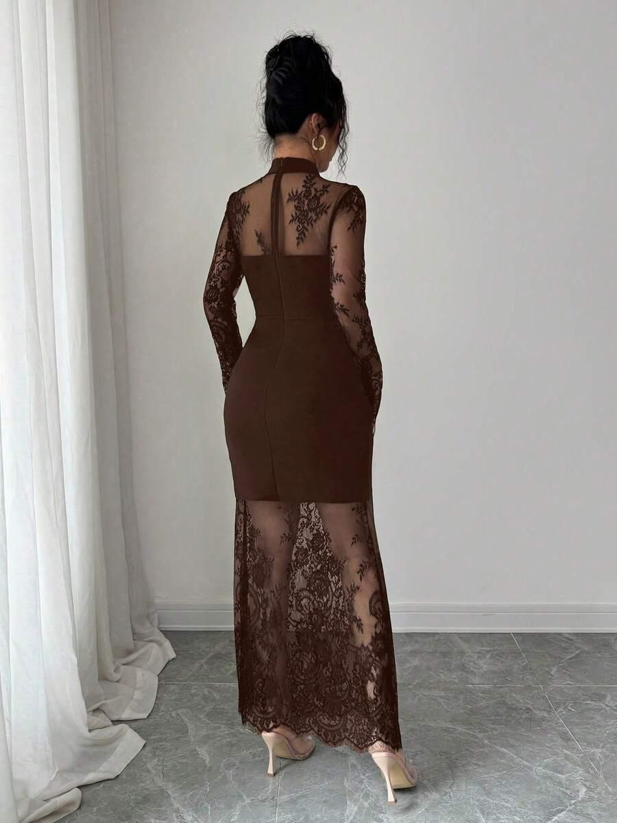 brown lace hollow-out long sleeve bodycon maxi dress