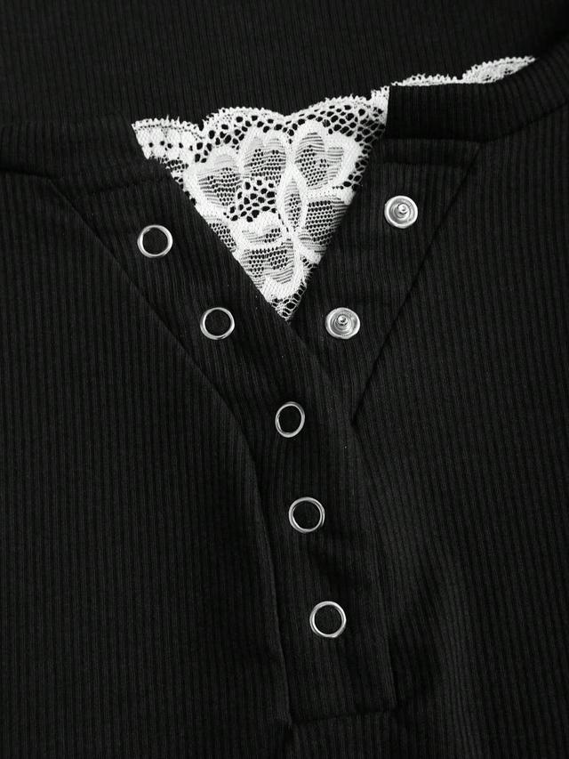 black ribbed lace patchwork short sleeve henley top set