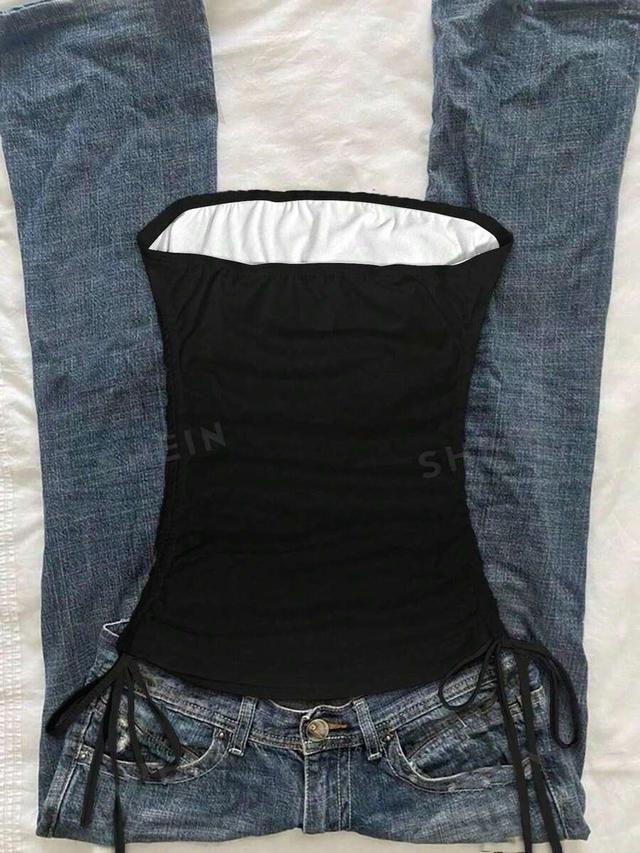 black strapless sequin star print drawstring crop top
