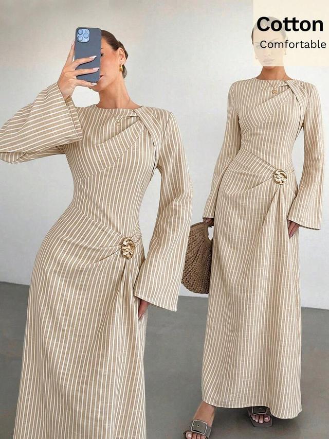 light beige stripe siren gaze elegant striped cotton long-sleeve maxi dress