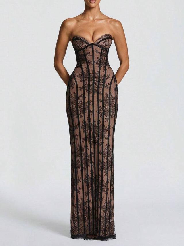 black strapless lace corset gown with ribbon paneling