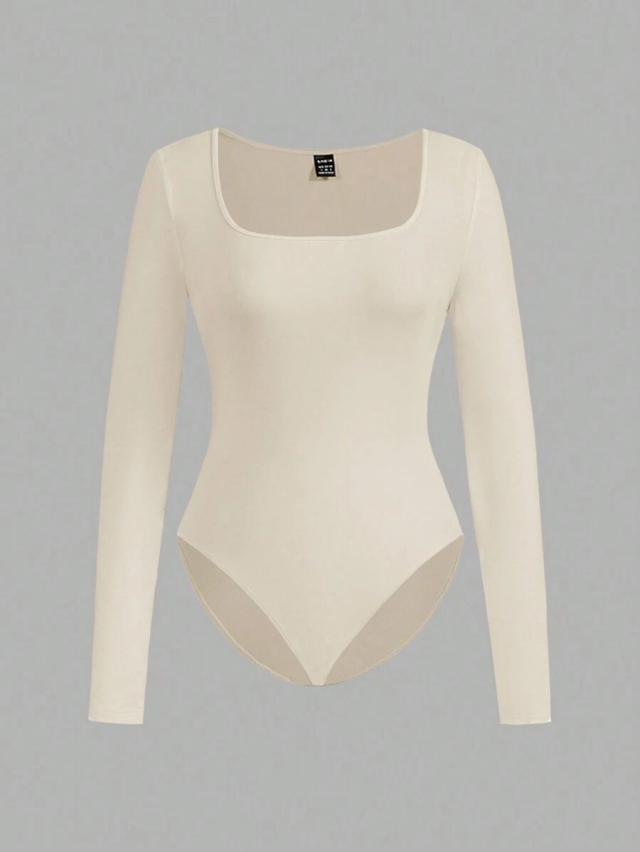 cream square neck long sleeve cotton knit bodysuit set