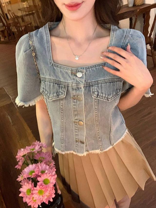 washed denim square neck short sleeve casual blouse