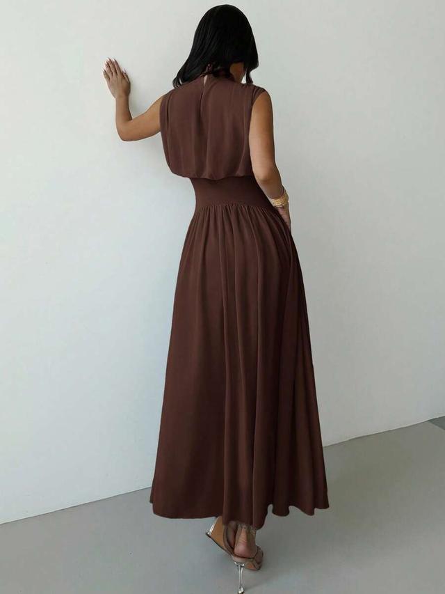 coffee brown high neck cinched waist a-line dress