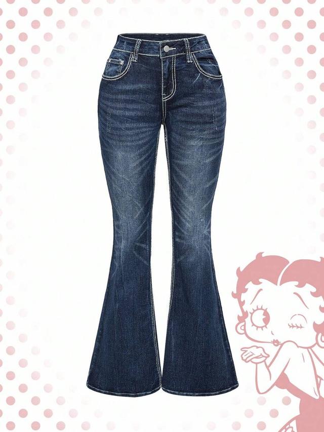 plain blue betty boop distressed embroidered flare jeans
