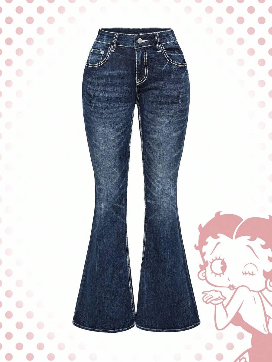 plain blue betty boop distressed embroidered flare jeans