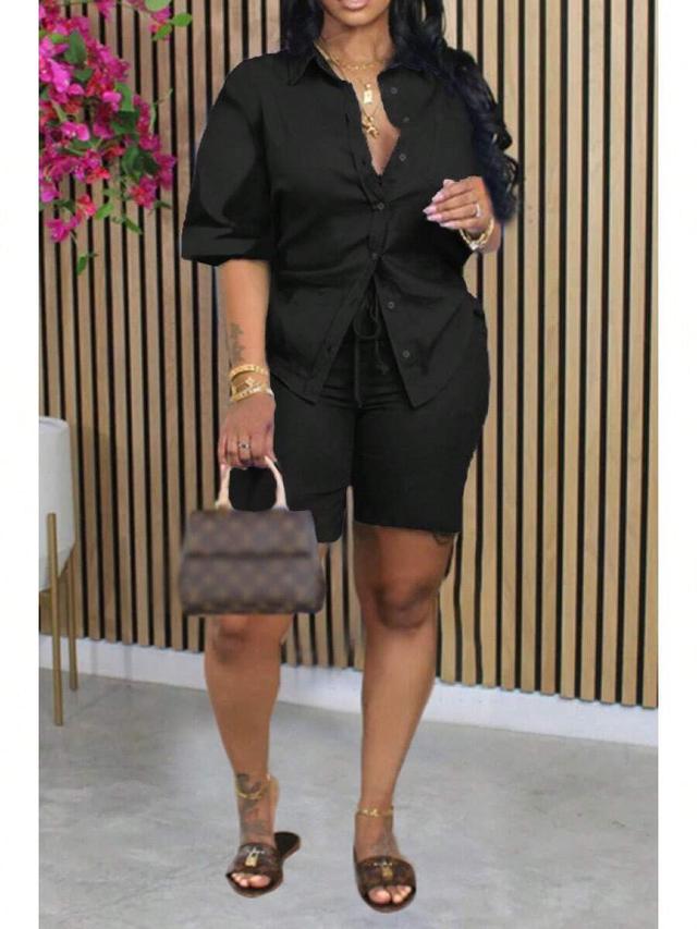 black women's chic green two-piece shorts set with button-up shirt
