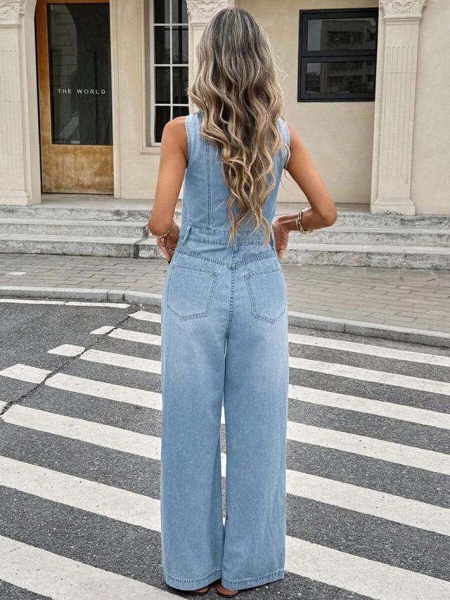 medium blue denim v-neck sleeveless wide leg jumpsuit