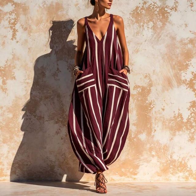 maroon and white vertical stripe v-neck cami jumpsuit