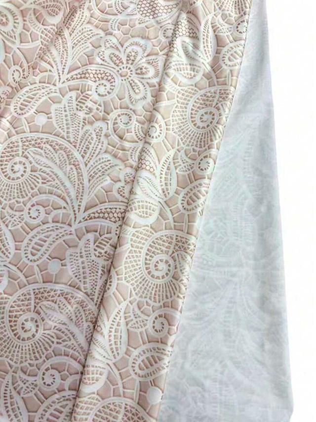 beige elegant white lace print bodycon mini dress