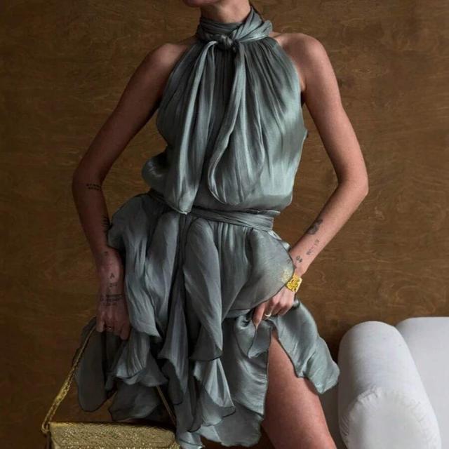 sage green silk halter neck ruffled mini dress