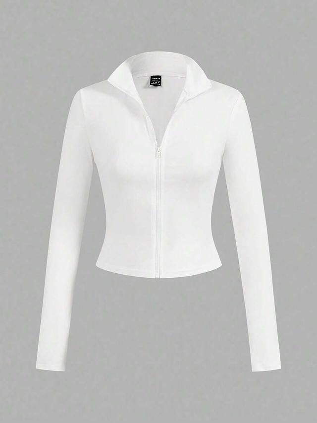 white minimalist knit zip-up long sleeve t-shirt set