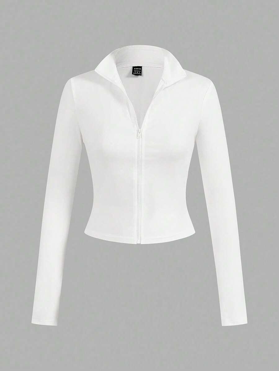 white minimalist knit zip-up long sleeve t-shirt set