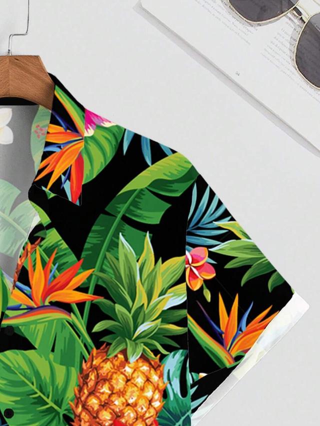 tropical pineapple and floral print short sleeve shirt