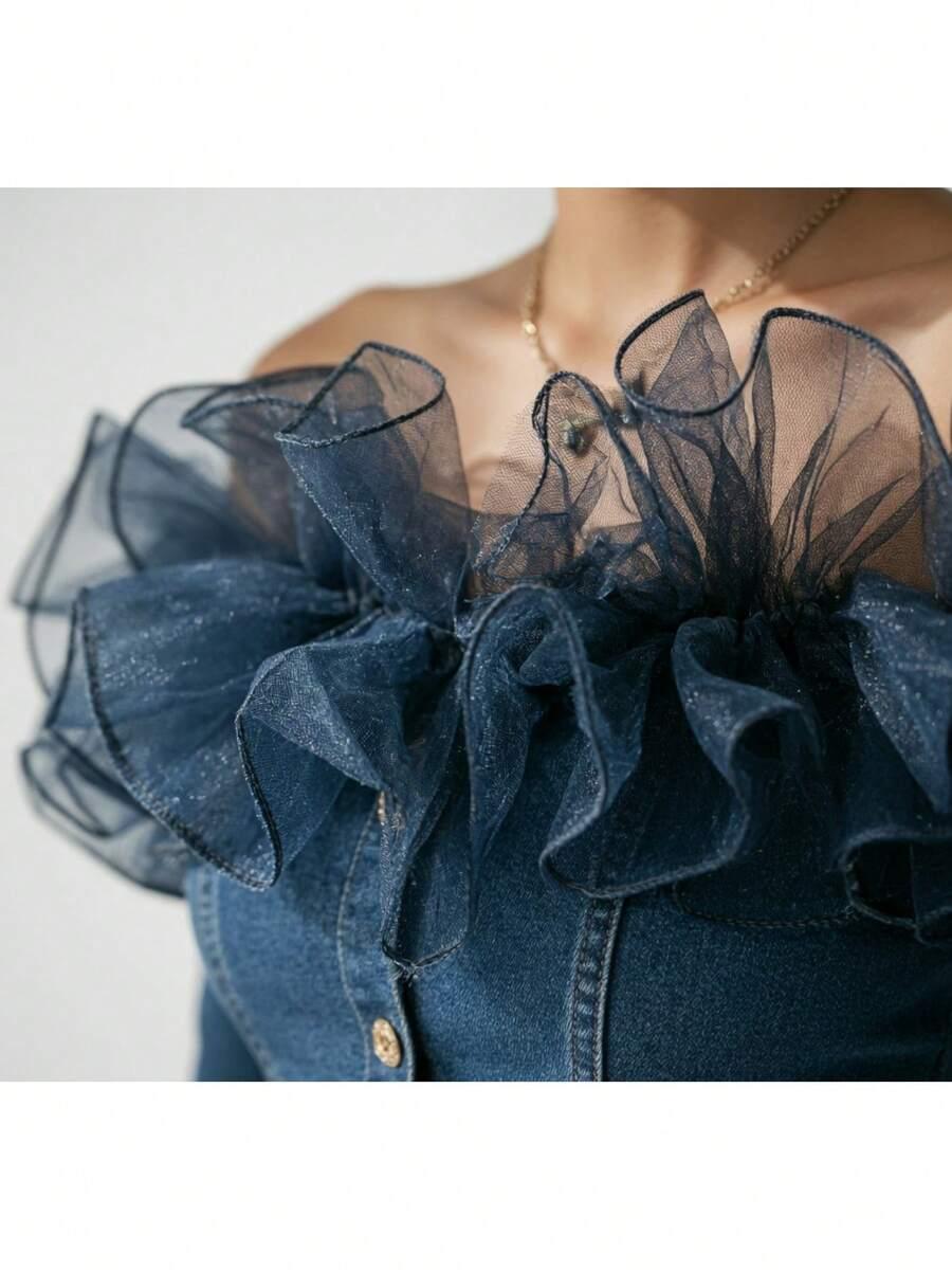 dark denim blue off-shoulder denim blouse with organza ruffle trim