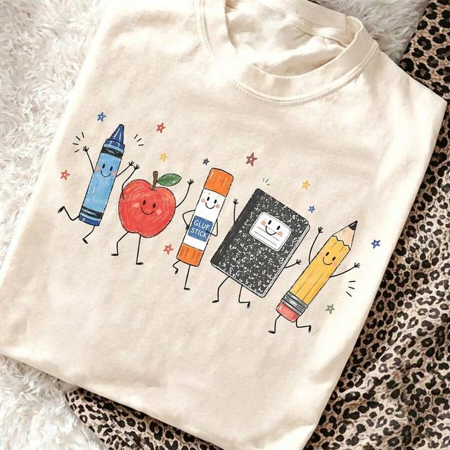 cream cute cartoon school supplies graphic cotton t-shirt