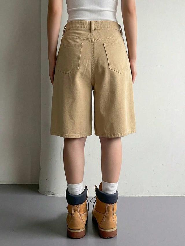 solid khaki cotton denim bermuda shorts