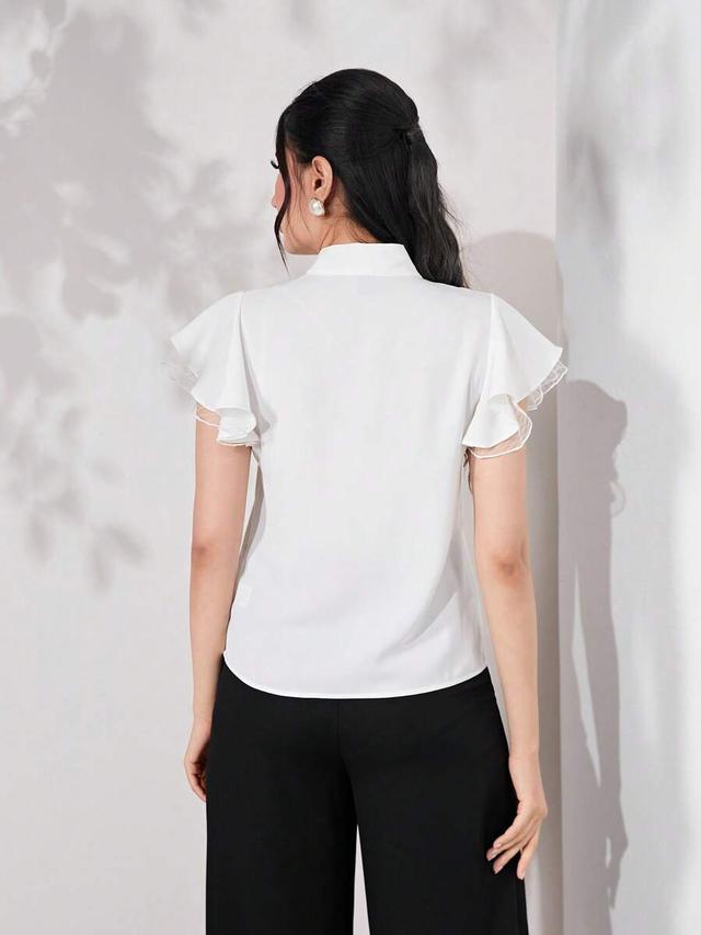 feyla tie neck contrast mesh flounce sleeve summer blouse