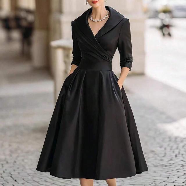 black satin wrap midi dress with pleated skirt