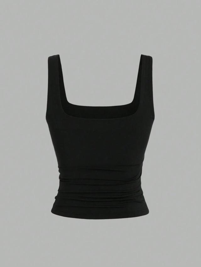 black sweetra women square neck pleated fitted tank top