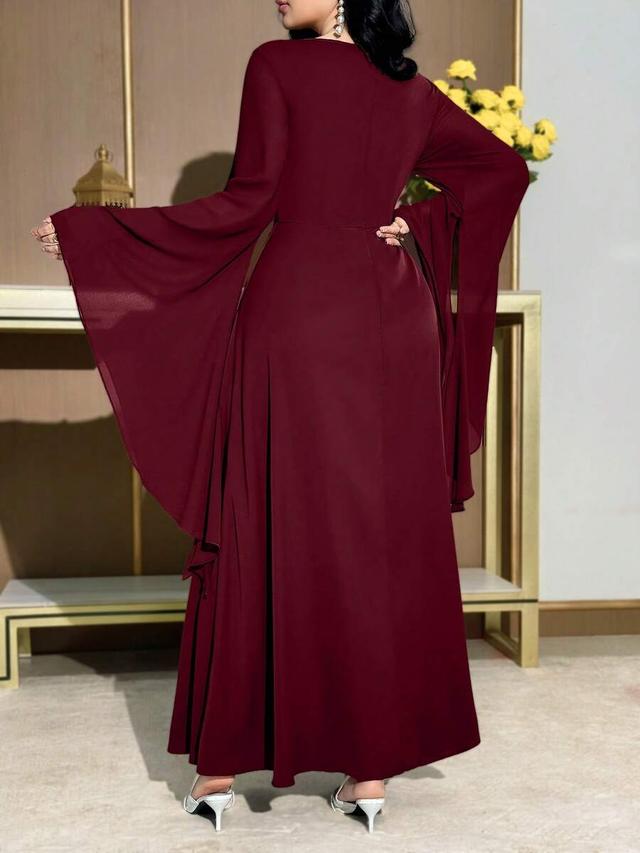 burgundy rhinestone lace patchwork long sleeve elegant dress