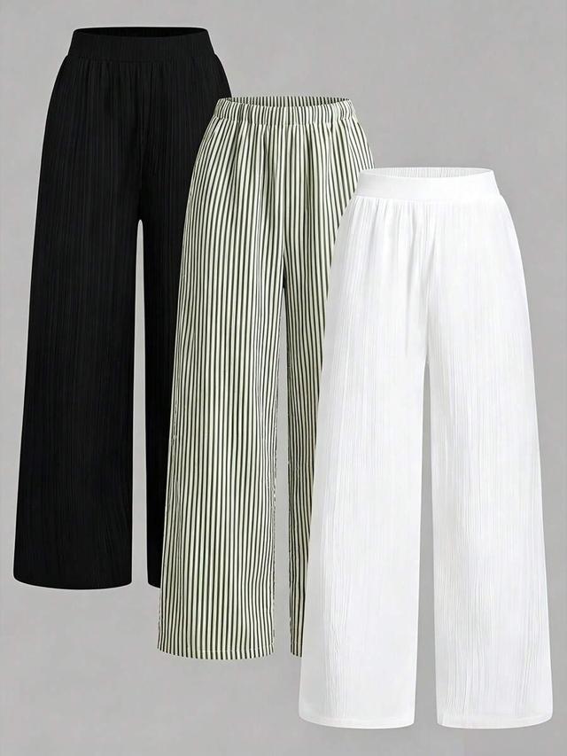 striped pleated wide leg trousers with elastic waist