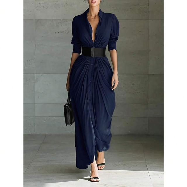 navy blue draped button-down shirt dress