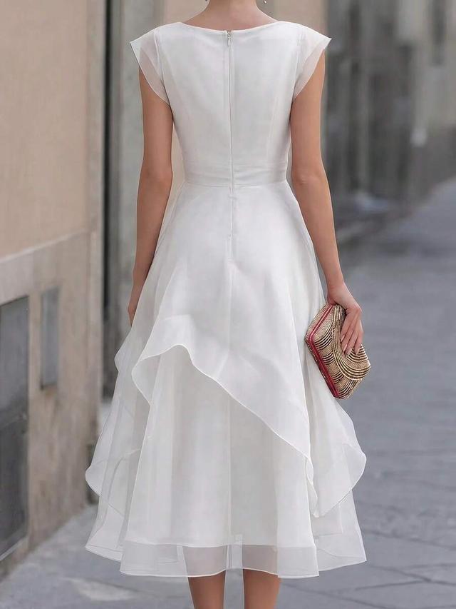 white layered organza midi dress with draped waist