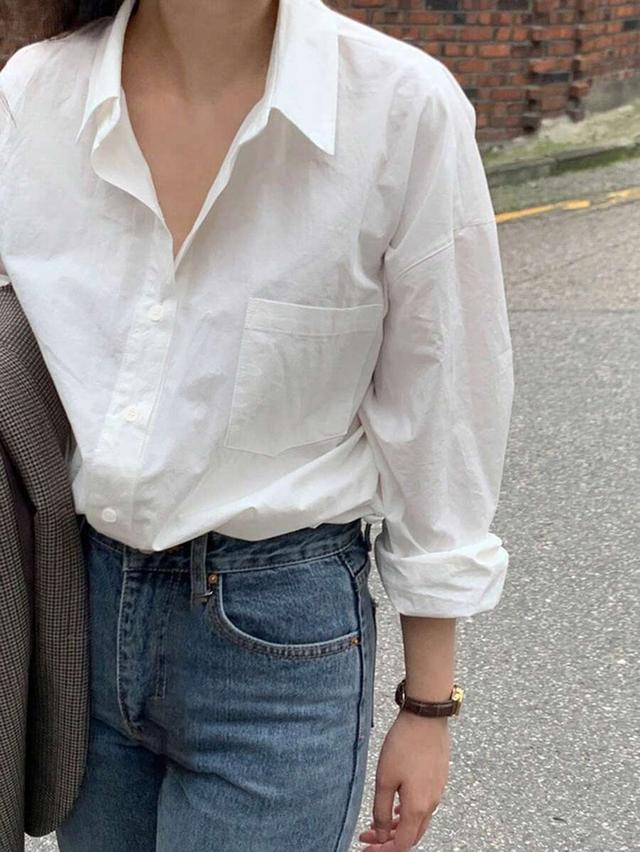 white cotton button up shirt with patch pocket