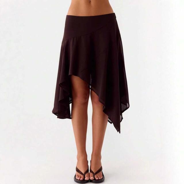 brown asymmetrical black chiffon handkerchief hem midi skirt