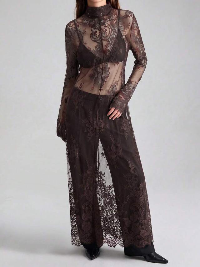 dark brown lace long dress with waist-cinched silhouette