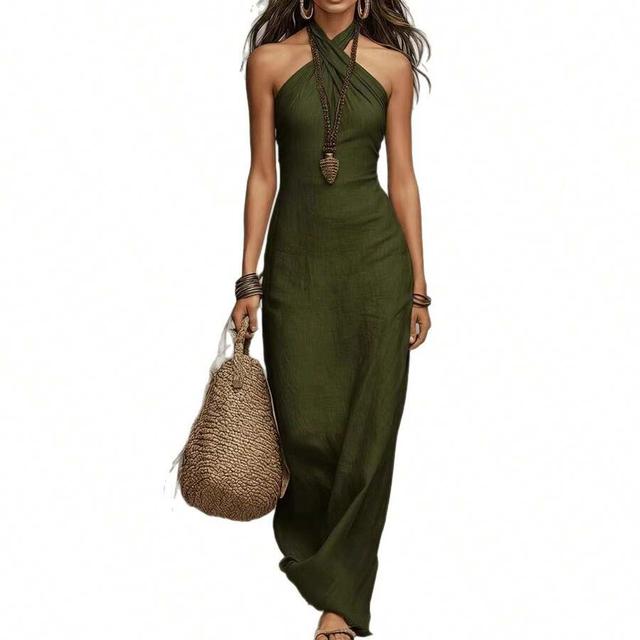 olive green halter neck maxi dress