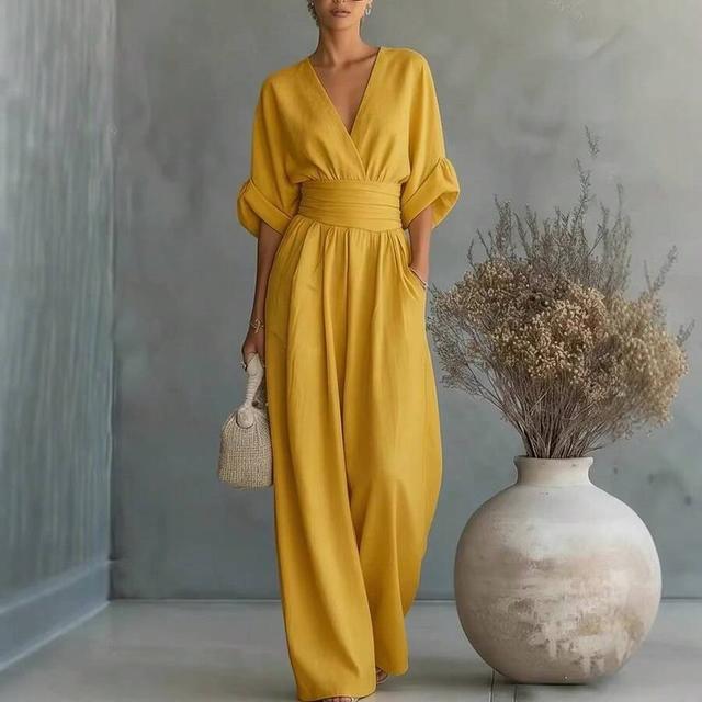 yellow v-neck wide leg jumpsuit