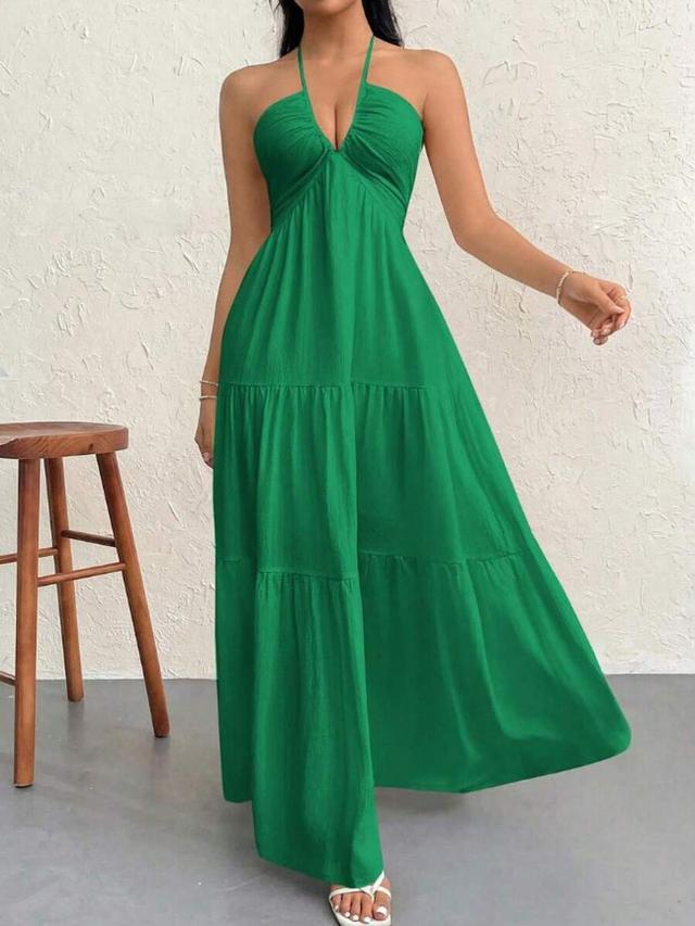 green halter neck tiered maxi dress