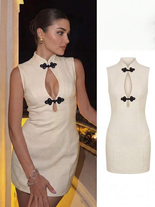 ivory knit cheongsam with black frog button detailing