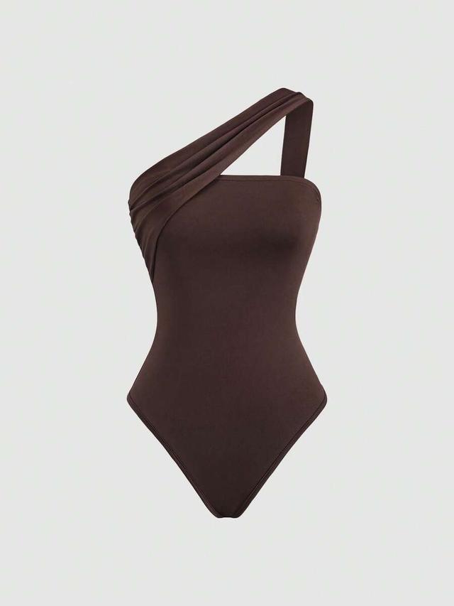 brown slim fit one-shoulder ruched bodysuit set