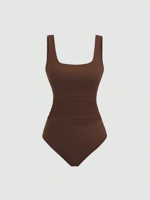 brown pleated casual square neck bodysuit