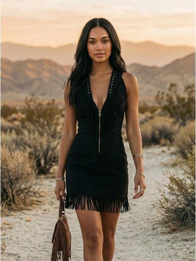 black faux suede fringe zip-front mini dress