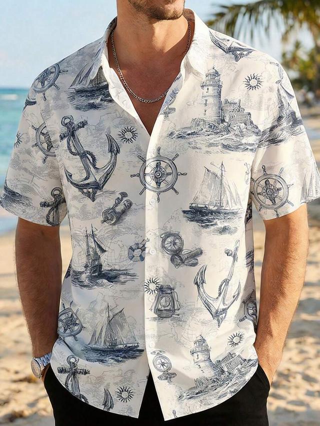 nautical anchor print short sleeve casual shirt