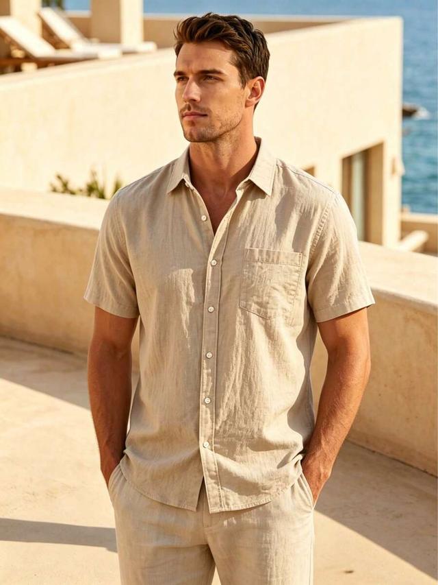 hawaiian style linen loose casual short sleeve shirt